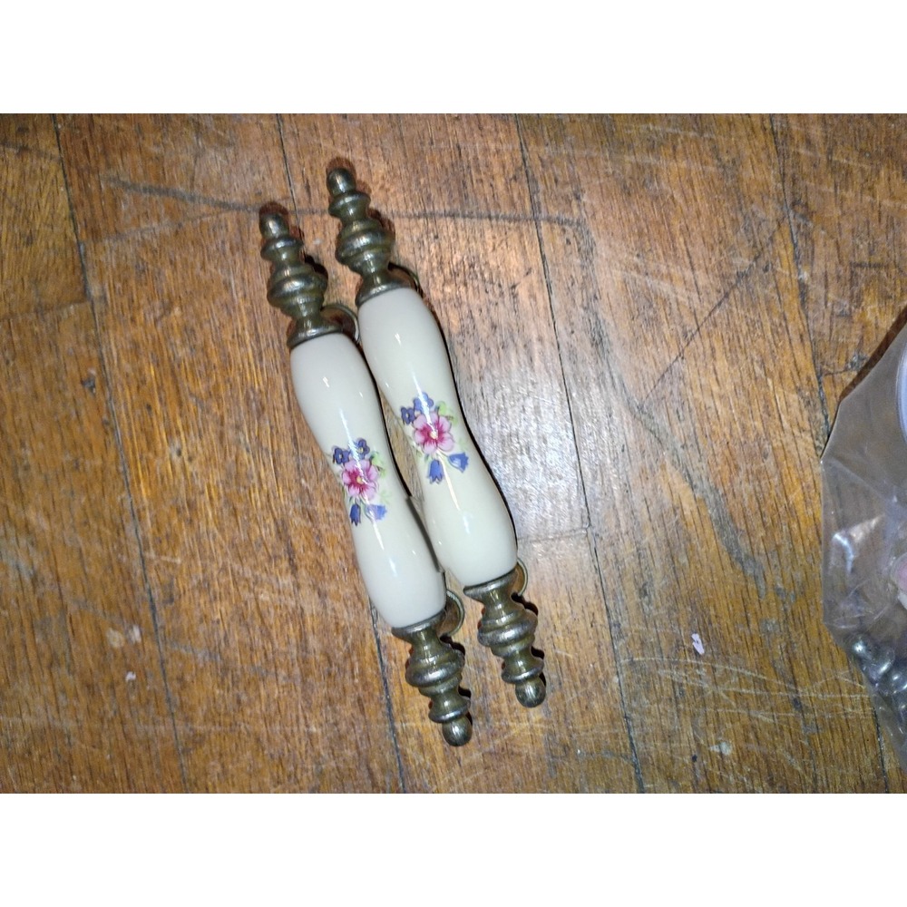 Floral Porcelain  Brass Tone Cabinet Door & Draw pull handle 3'' One Pair